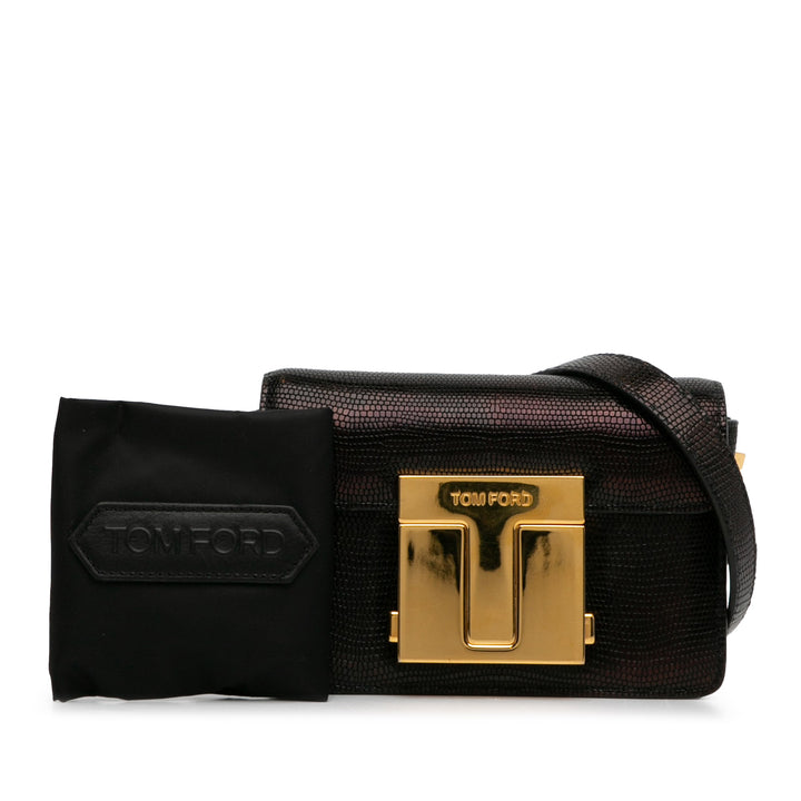 Small T-Clasp Lizard-Embossed Crossbody Bag Black - Gaby Paris