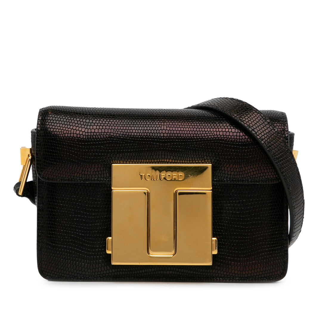 Small T-Clasp Lizard-Embossed Crossbody Bag Black - Gaby Paris