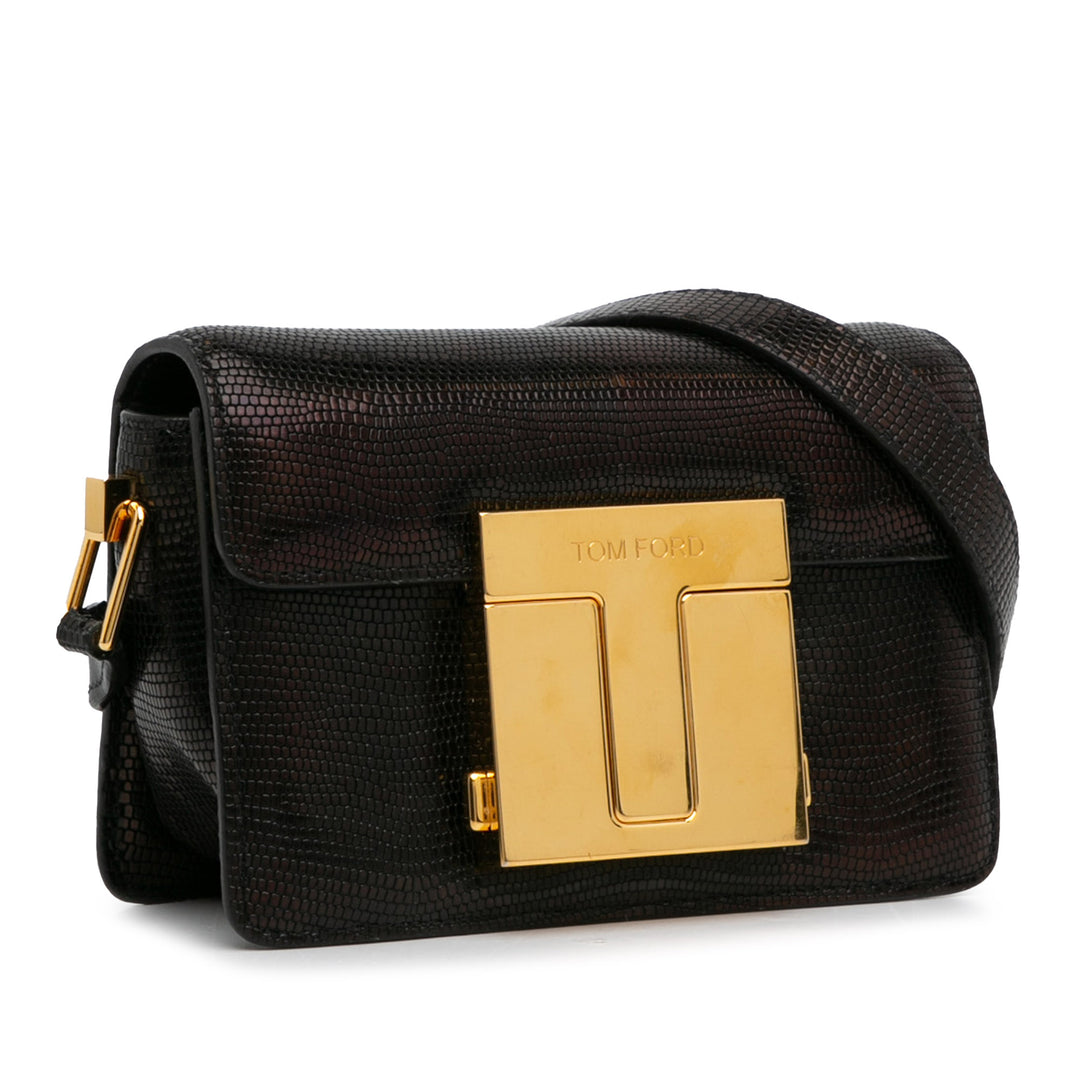 Small T-Clasp Lizard-Embossed Crossbody Bag Black - Gaby Paris