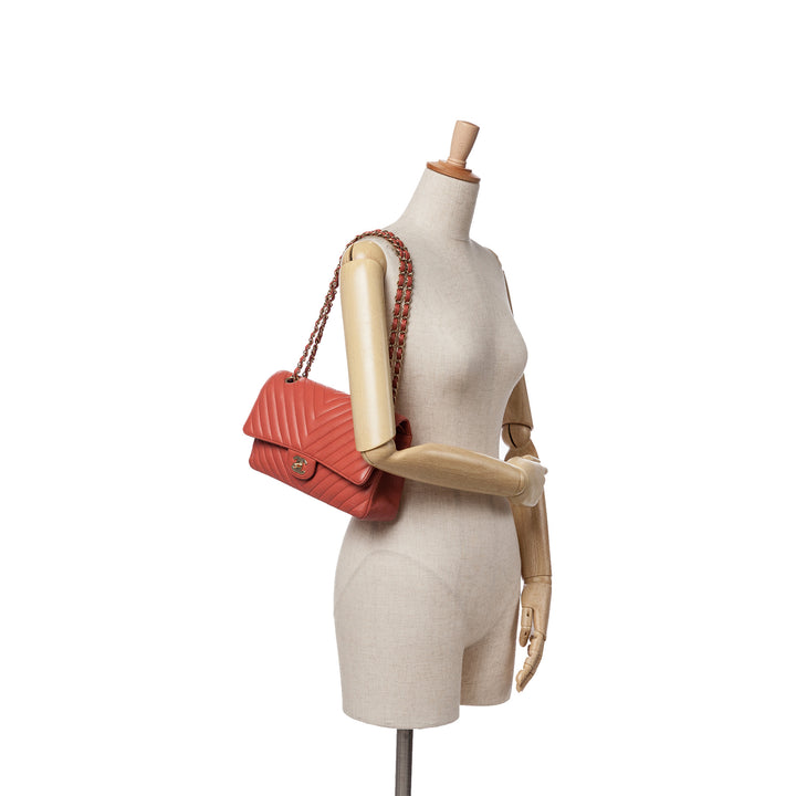 Medium Classic Chevron Lambskin Double Flap Orange - Gaby Paris