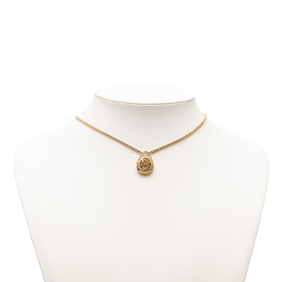 Dior plaqué Strass Logo Teardrop Pendant Collier