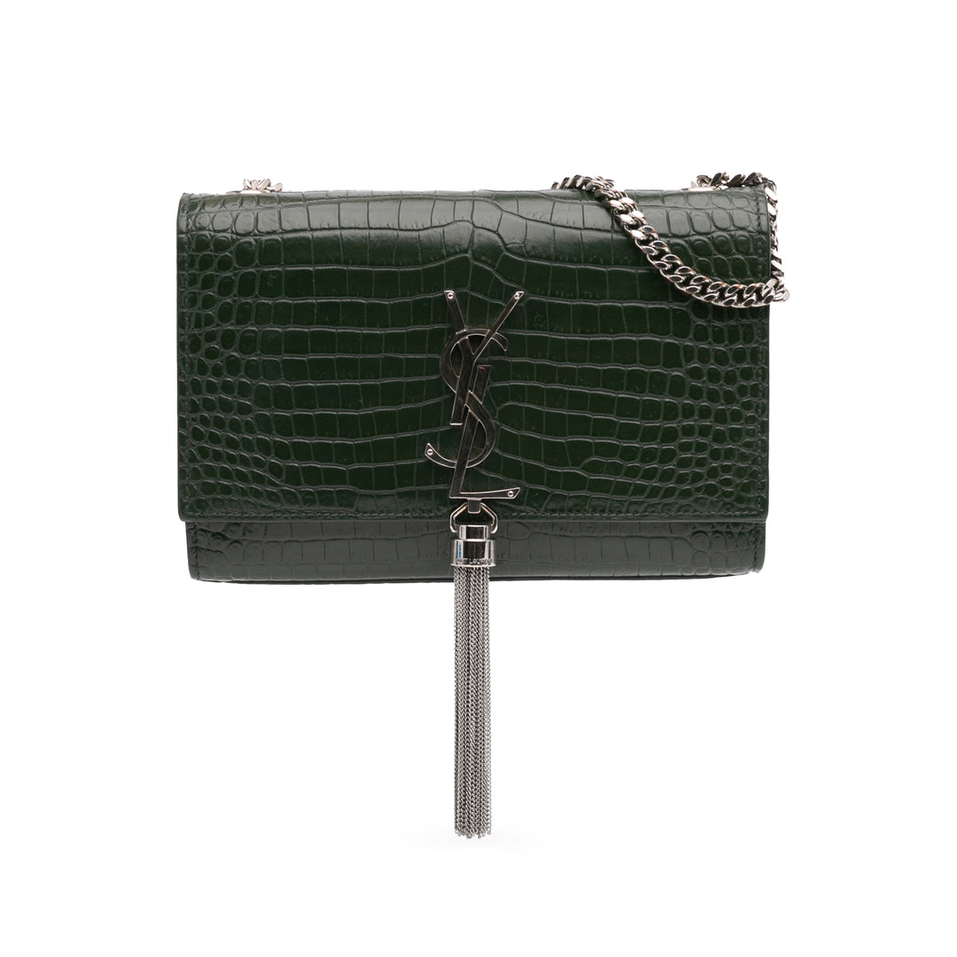 Medium Croc Embossed Leather Kate Tassel Crossbody Green - Gaby Paris