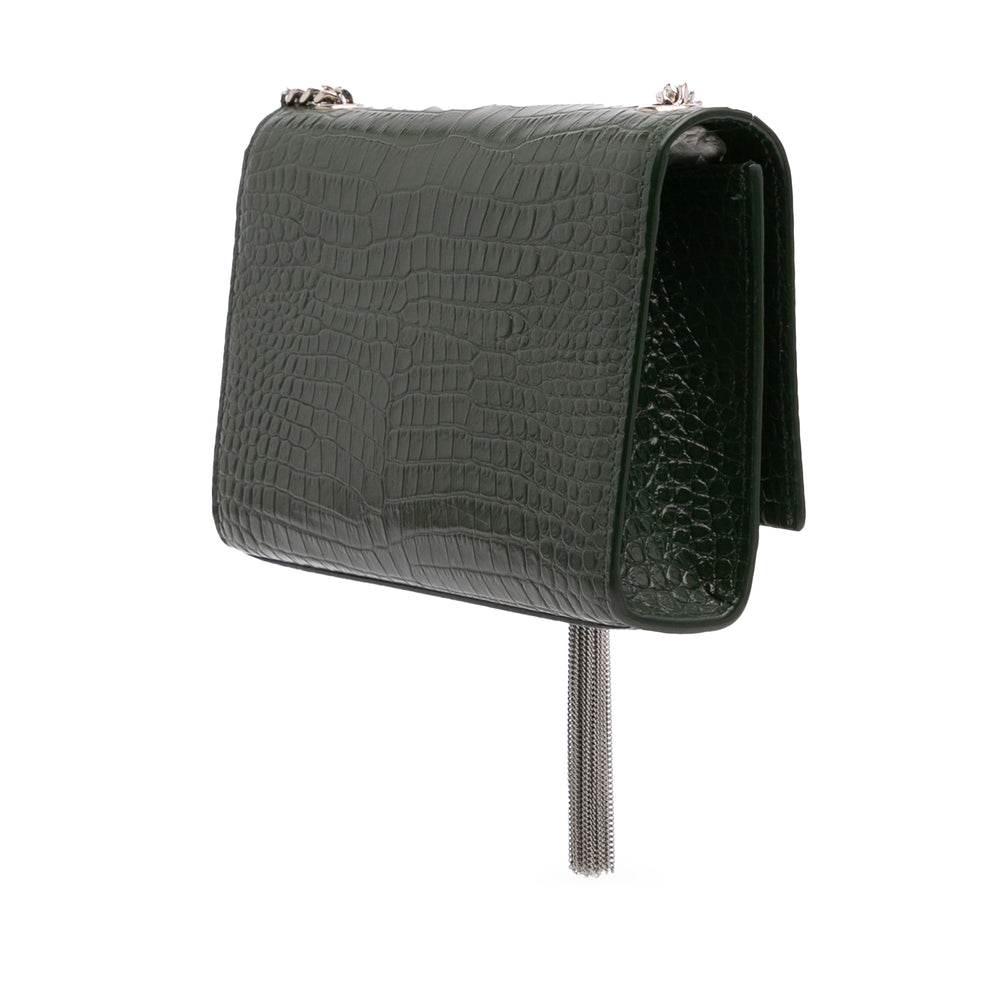 Medium Croc Embossed Leather Kate Tassel Crossbody Green - Gaby Paris