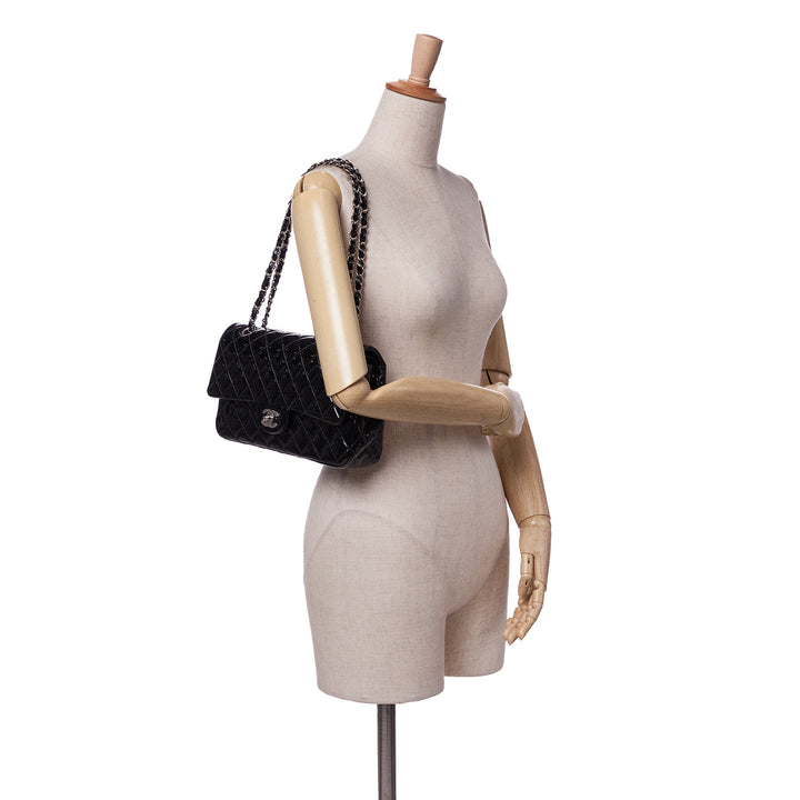 Medium Classic Patent Double Flap Black - Gaby Paris
