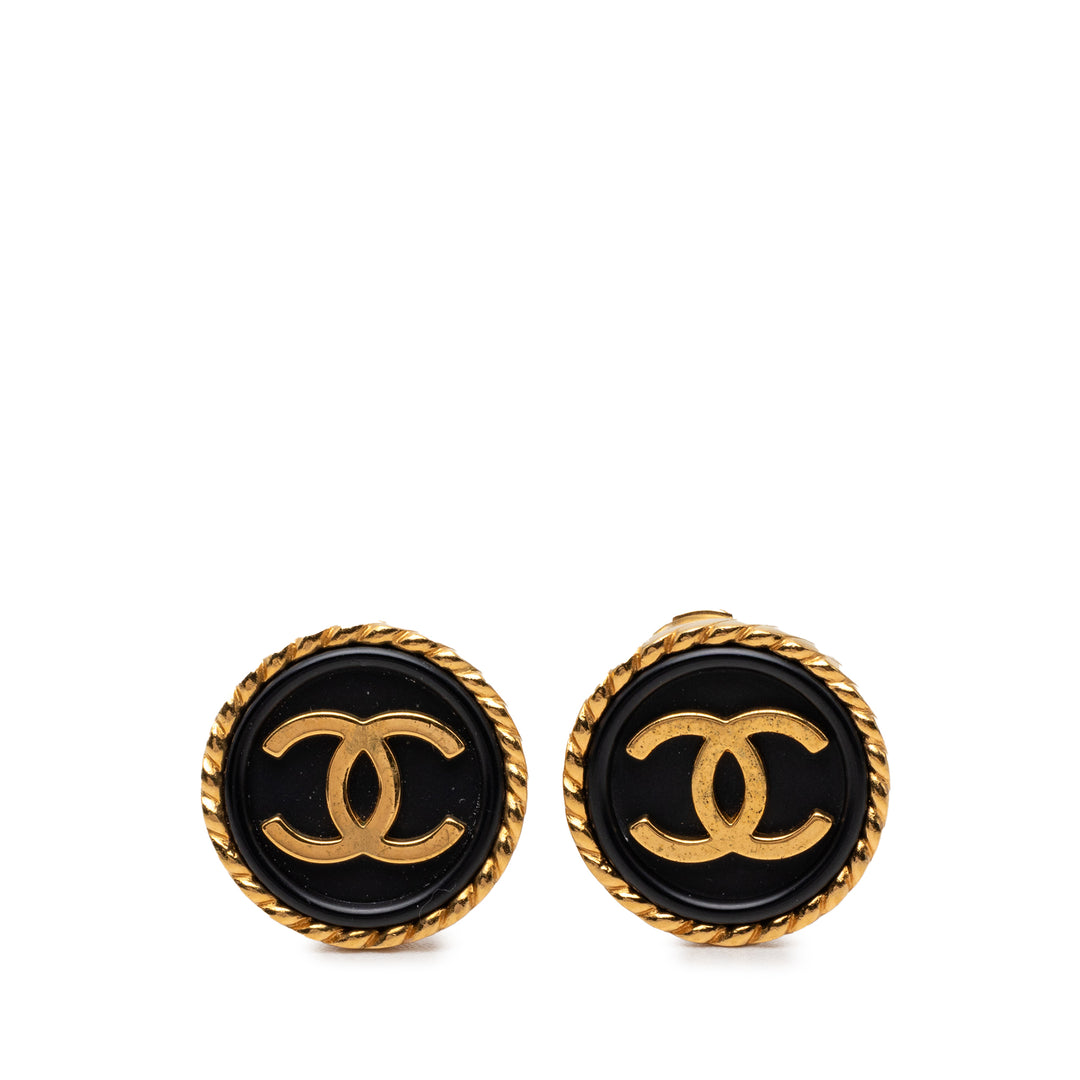 Chanel CC plaqué et Émail Rond Clip On Boucles d’oreilles