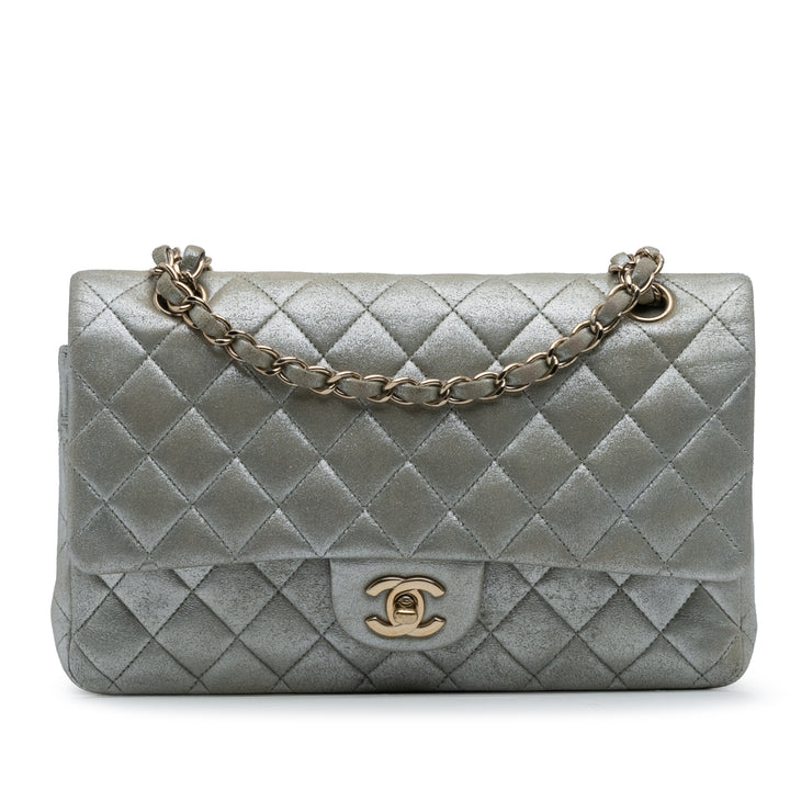 Chanel Medium Classic Iridescent Cuir de veau Double rabat Argenté