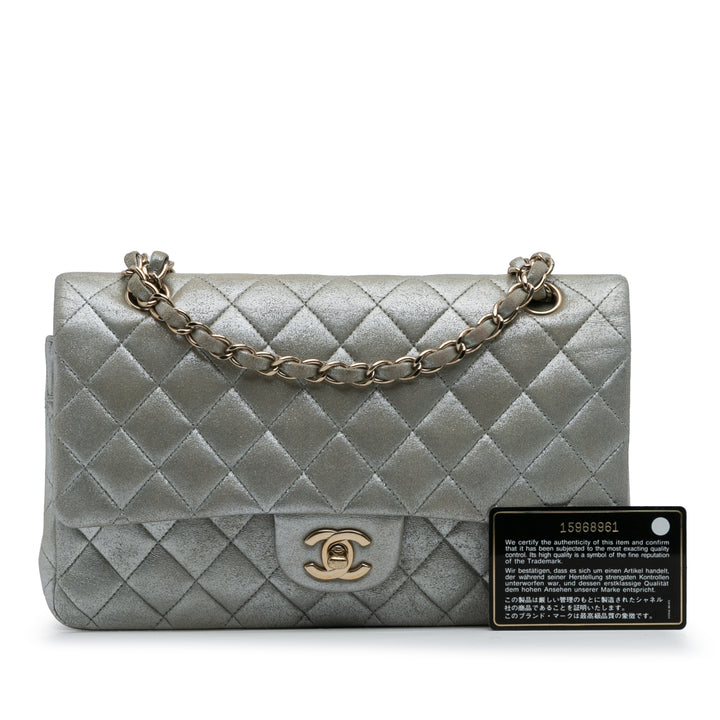 Chanel Medium Classic Iridescent Cuir de veau Double rabat Argenté