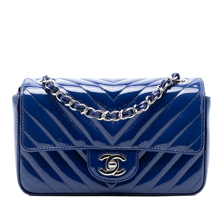 Chanel Mini Rectangular Classic Chevron Cuir verni Simple rabat