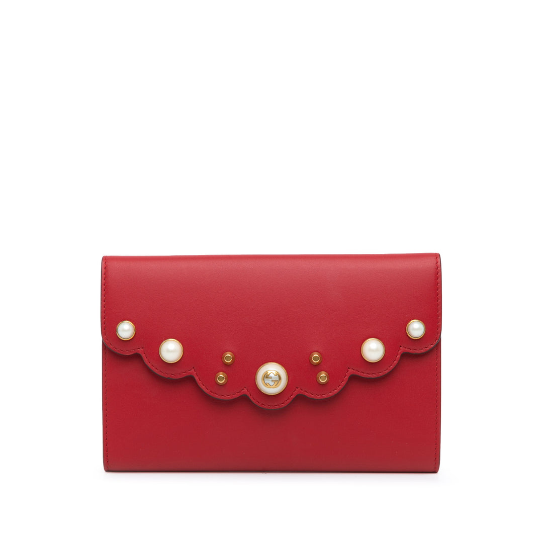 Leather Peony Pearly Wallet on Chain Red - Gaby Paris