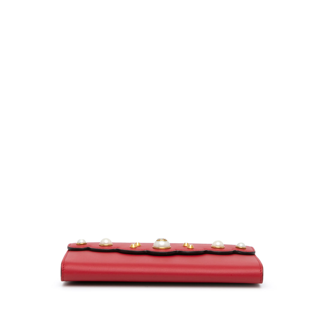 Leather Peony Pearly Wallet on Chain Red - Gaby Paris