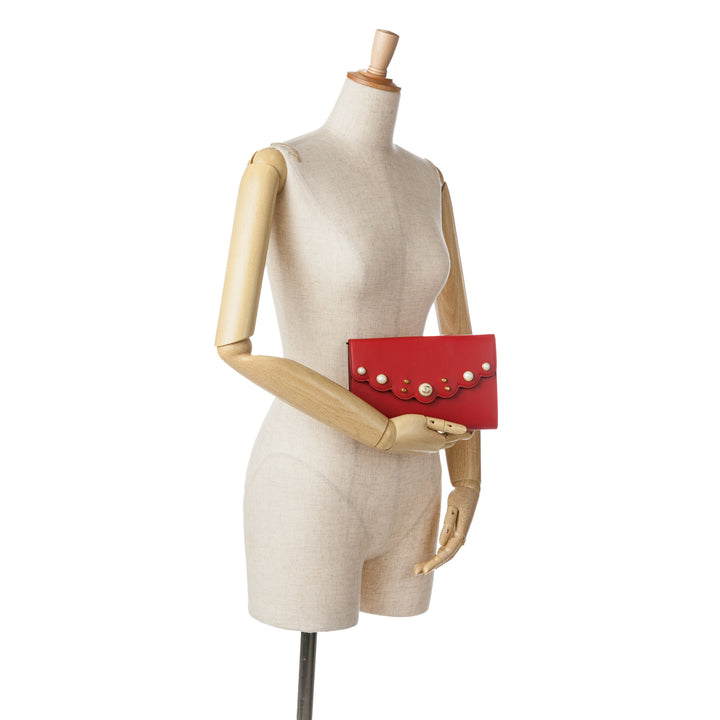 Leather Peony Pearly Wallet on Chain Red - Gaby Paris