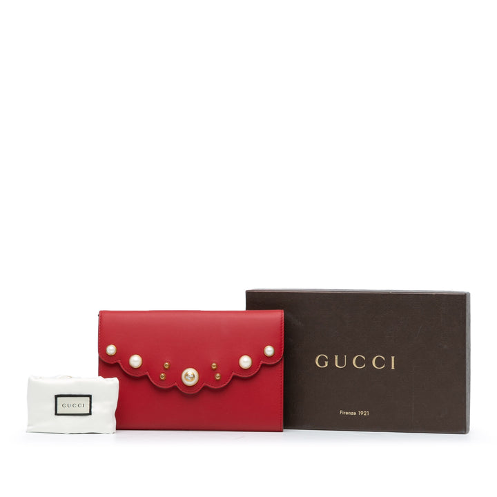 Leather Peony Pearly Wallet on Chain Red - Gaby Paris