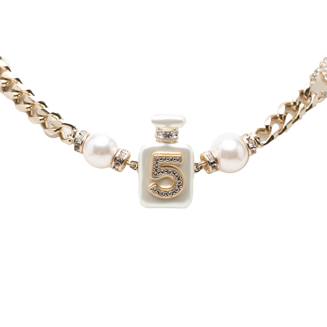 Chanel CC plaqué Perles fantaisie Strass No 5 Perfume Bottle Pendant Collier