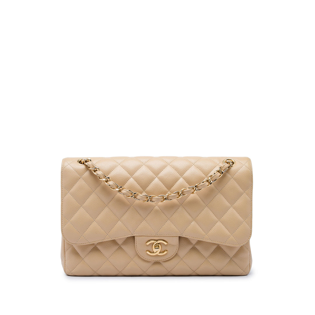 Chanel Sac porté épaule Classic Double rabat Jumbo Cuir caviar Beige – vue principale – GABY PARIS