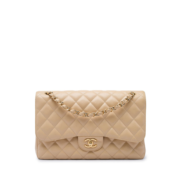 Chanel Sac porté épaule Classic Double rabat Jumbo Cuir caviar Beige – vue principale – GABY PARIS