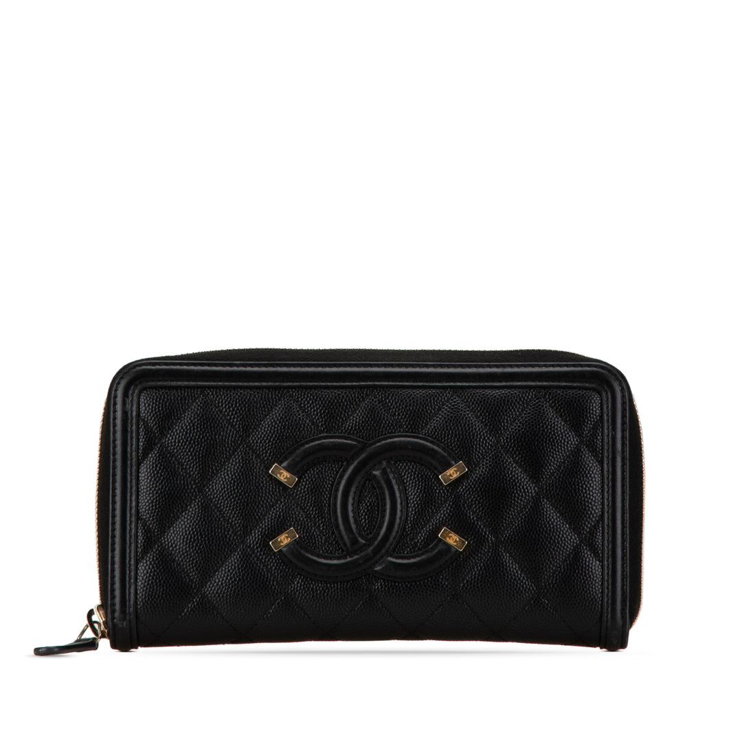 Quilted Caviar Filigree Zip Around Wallet Black - Gaby Paris