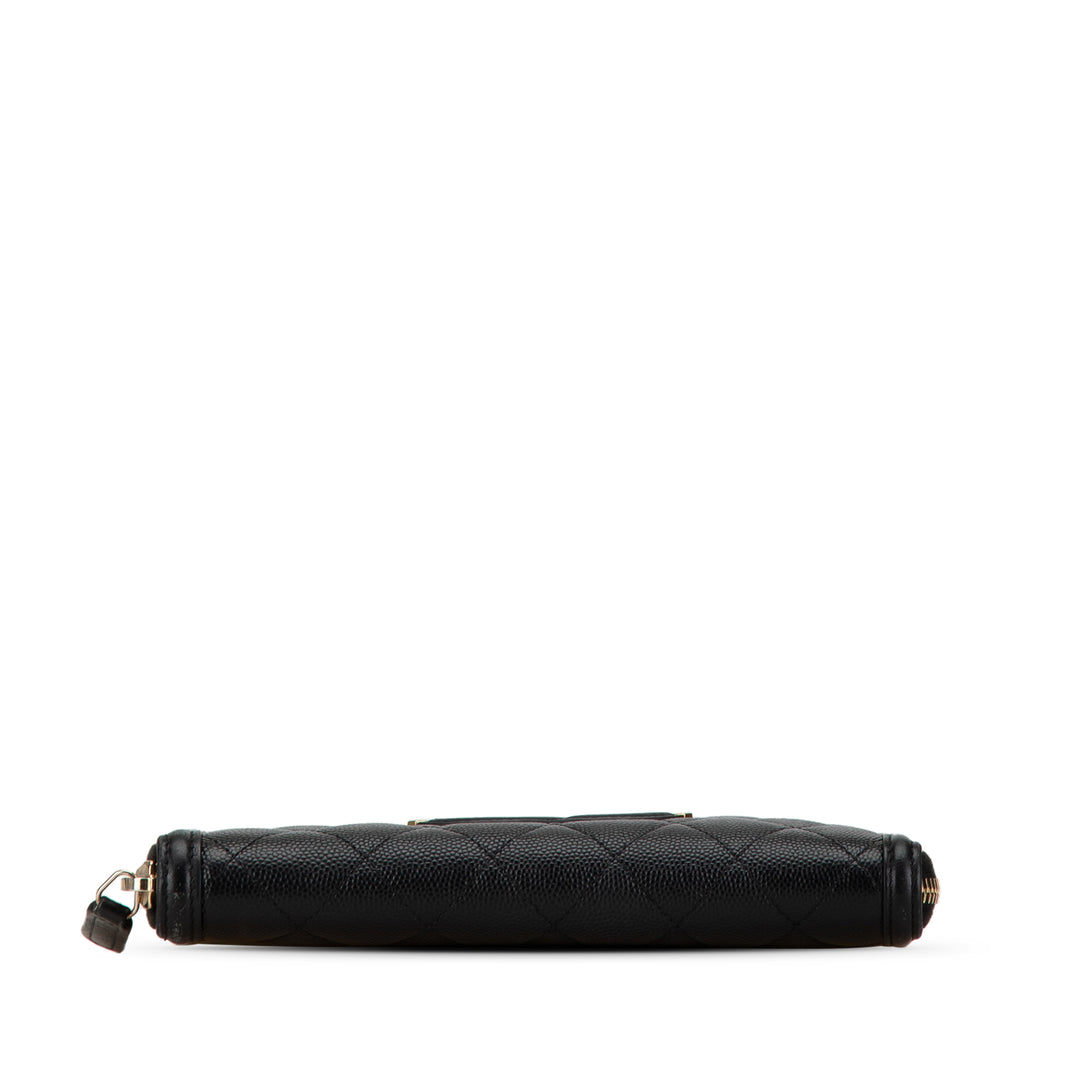 Quilted Caviar Filigree Zip Around Wallet Black - Gaby Paris