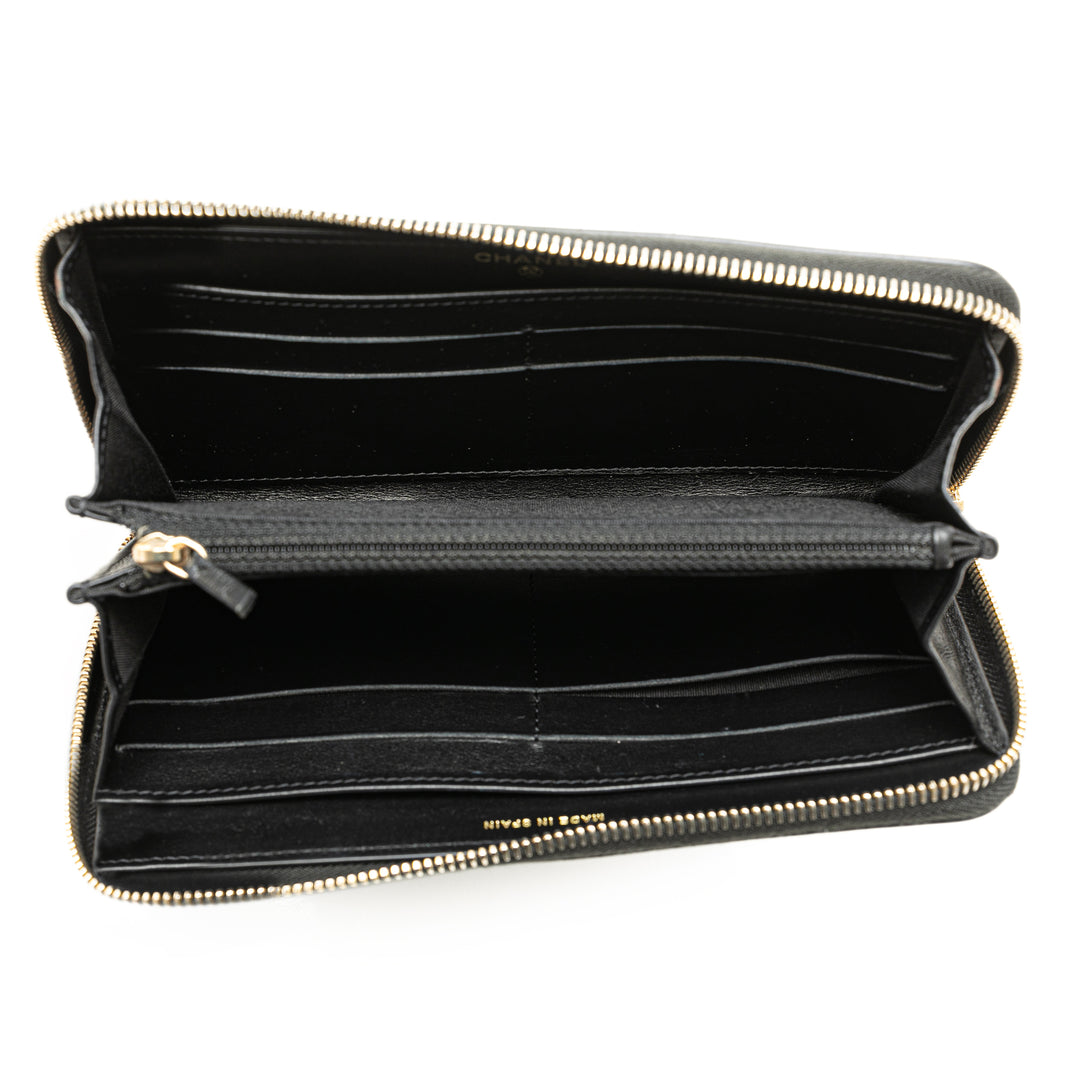 Quilted Caviar Filigree Zip Around Wallet Black - Gaby Paris