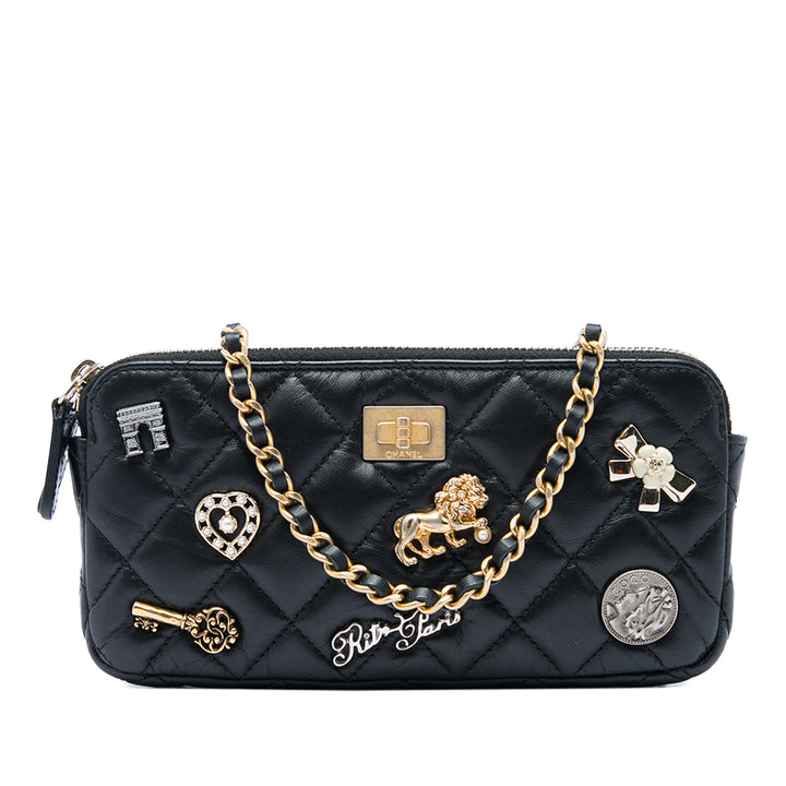 Matelassé vieilli Lucky Charms Reissue 2.55 Double Zippé Pochette avec chaîne Cuir de veau Noir