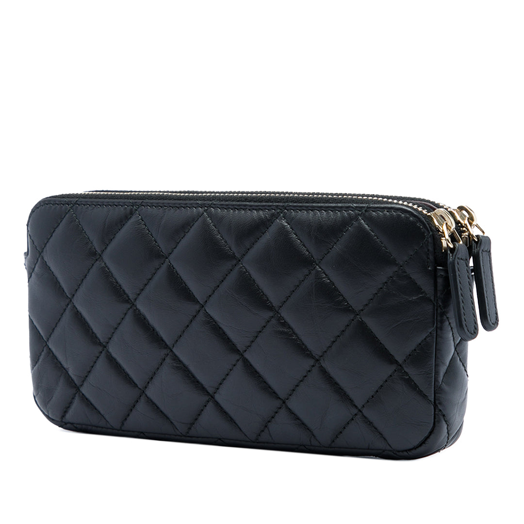 Matelassé vieilli Lucky Charms Reissue 2.55 Double Zippé Pochette avec chaîne Cuir de veau Noir