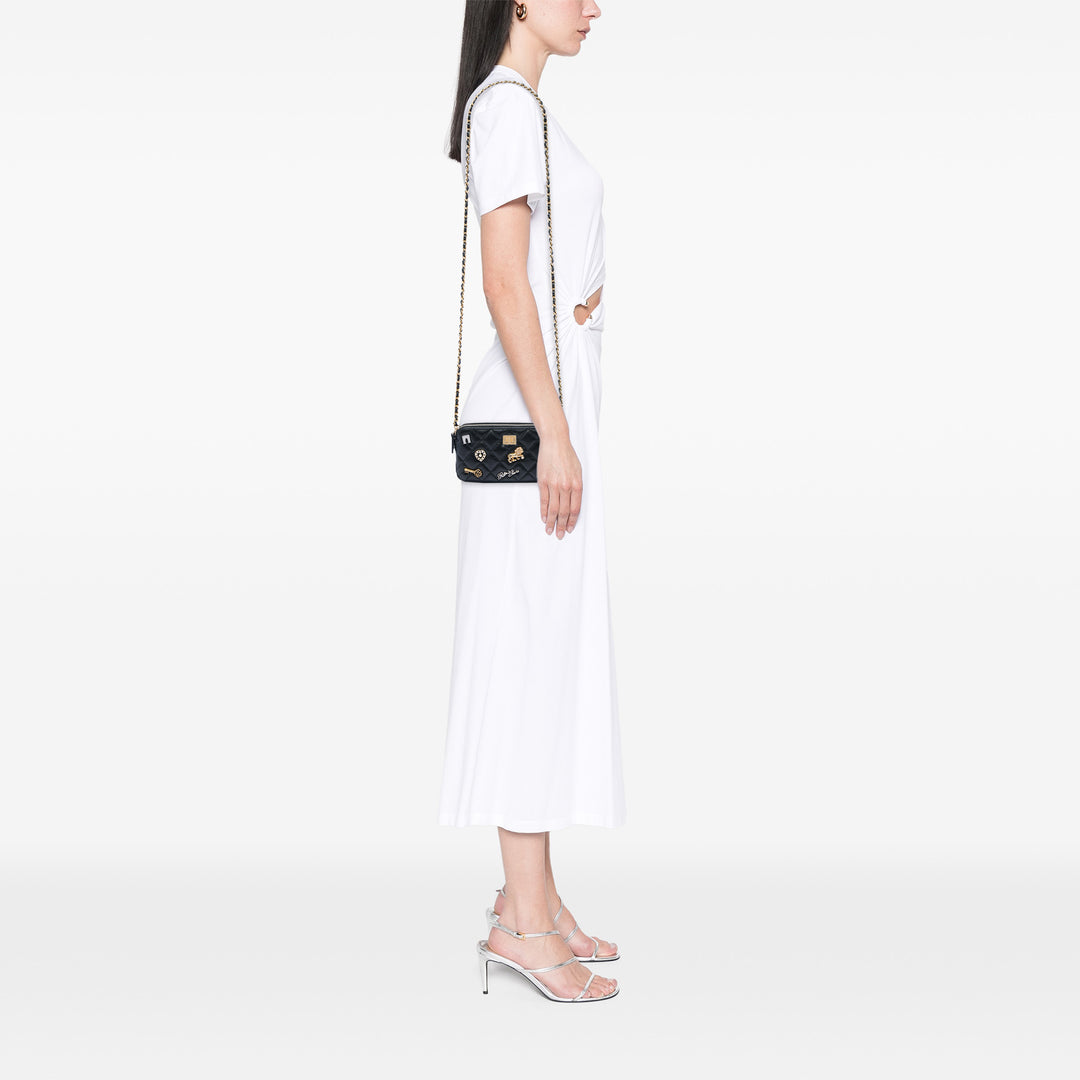 Matelassé vieilli Lucky Charms Reissue 2.55 Double Zippé Pochette avec chaîne Cuir de veau Noir