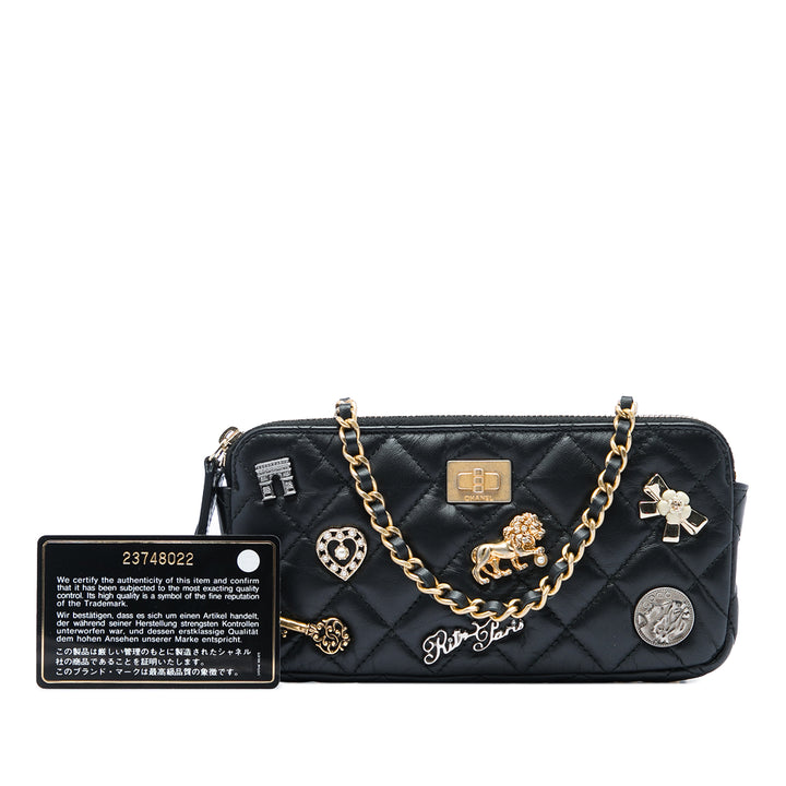 Matelassé vieilli Lucky Charms Reissue 2.55 Double Zippé Pochette avec chaîne Cuir de veau Noir