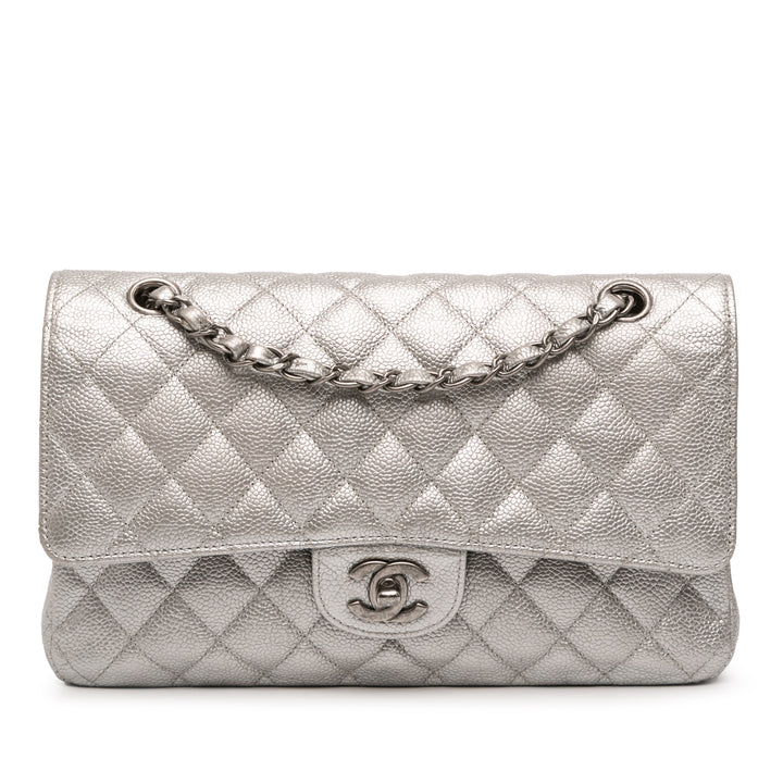 Chanel Medium Classic Iridescent Caviar Double rabat Argenté