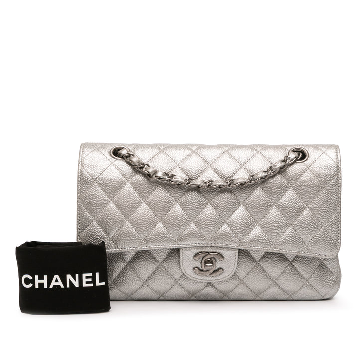 Chanel Medium Classic Iridescent Caviar Double rabat Argenté
