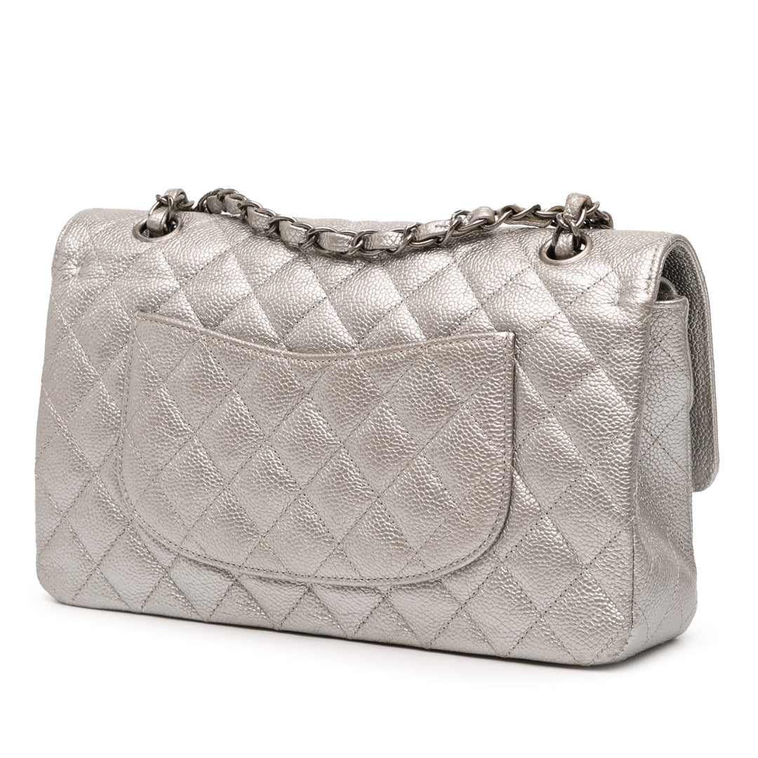 Chanel Medium Classic Iridescent Caviar Double rabat Argenté