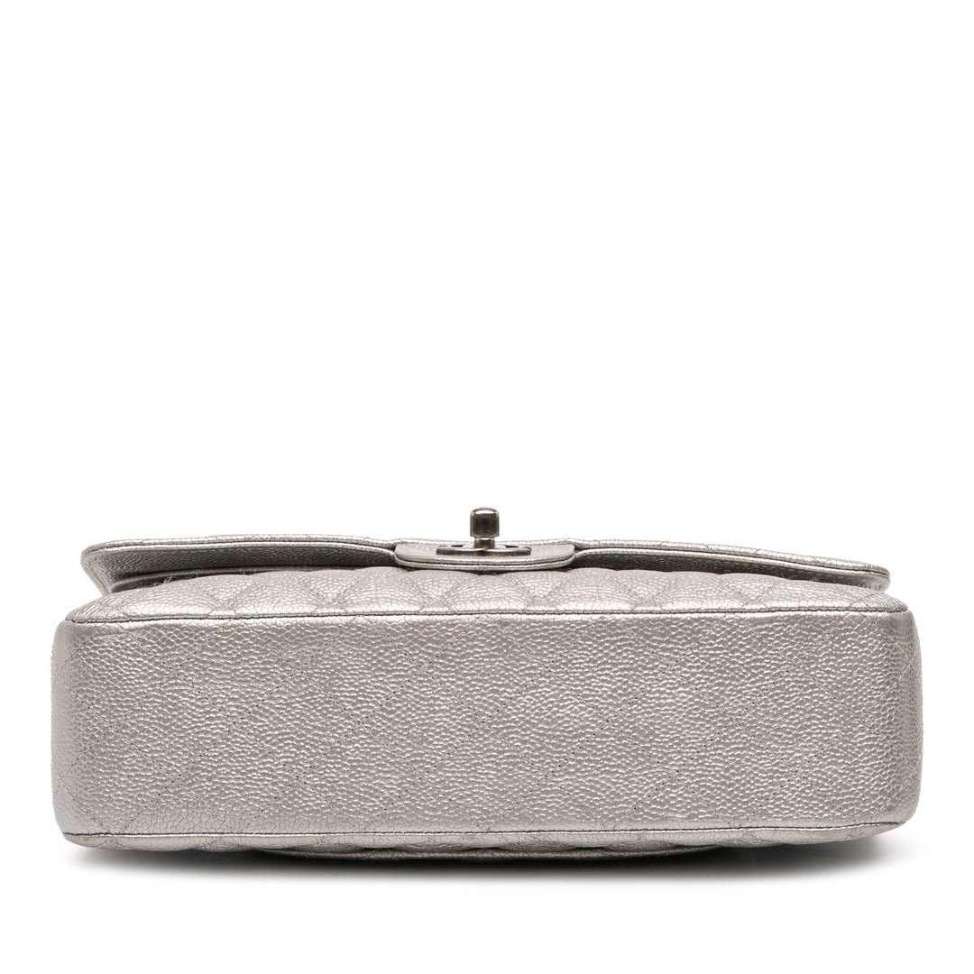 Chanel Medium Classic Iridescent Caviar Double rabat Argenté