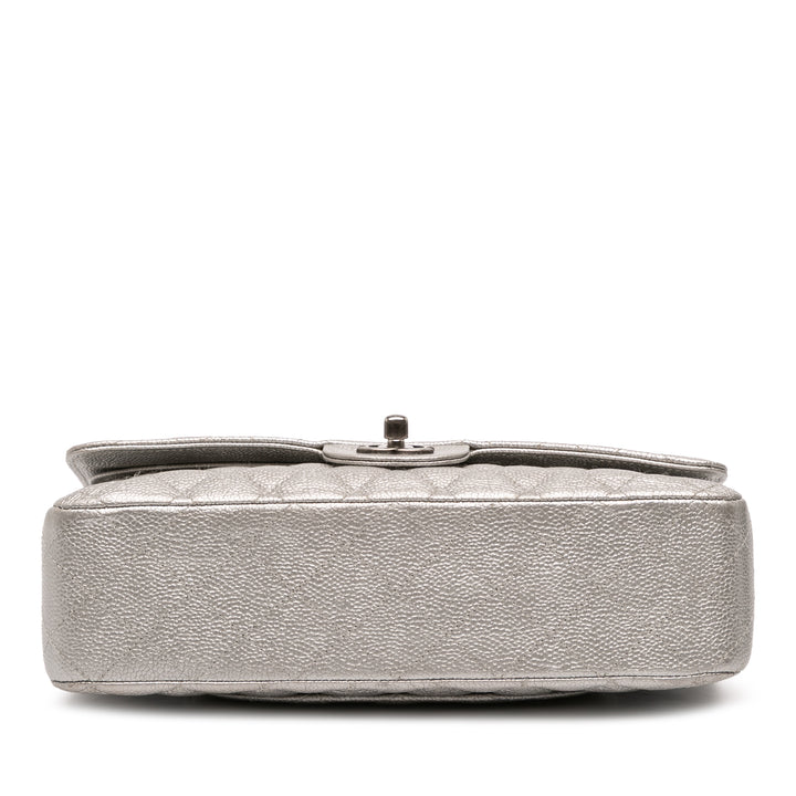 Chanel Medium Classic Iridescent Caviar Double rabat Argenté