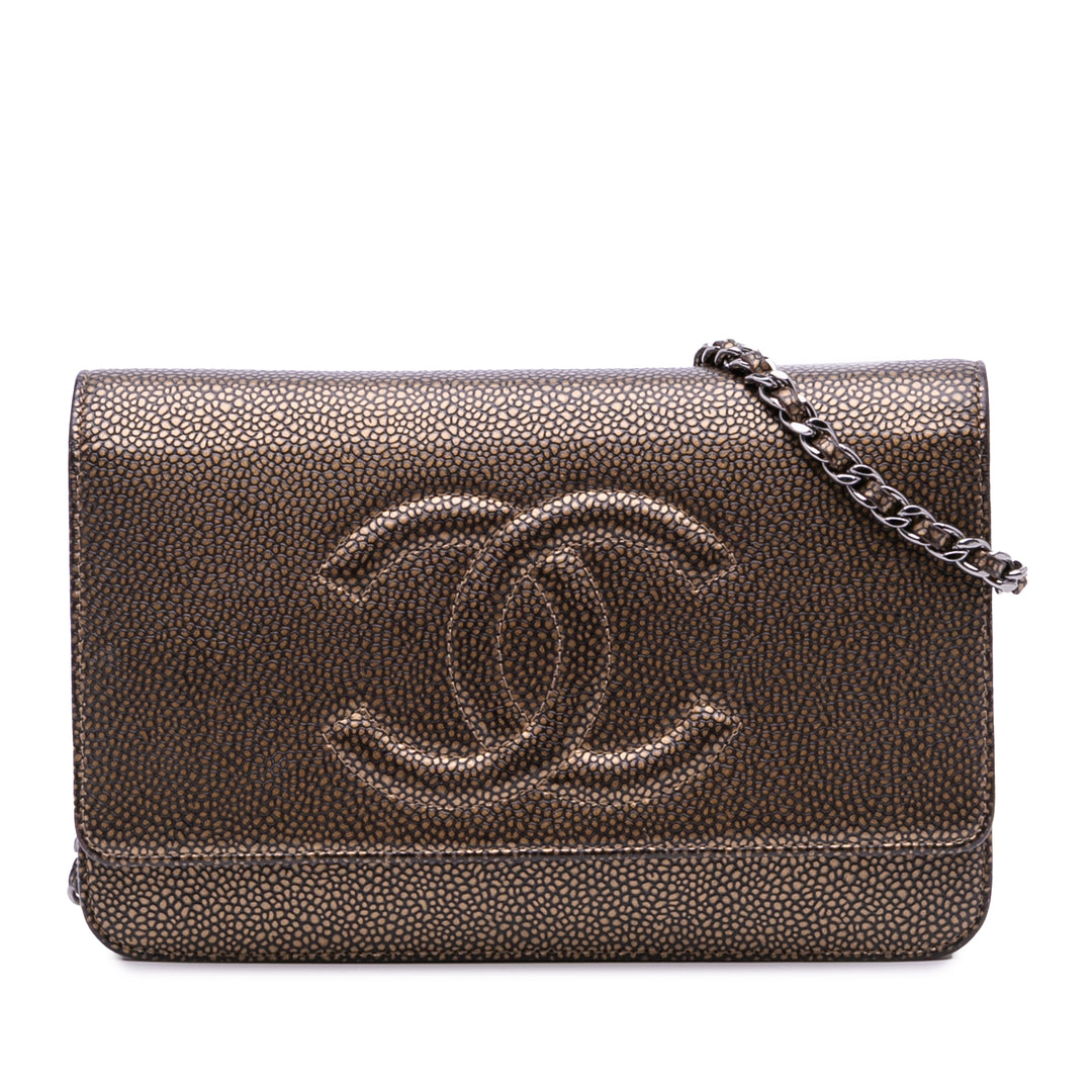 CC Metallic Caviar Wallet On Chain Brown - Gaby Paris