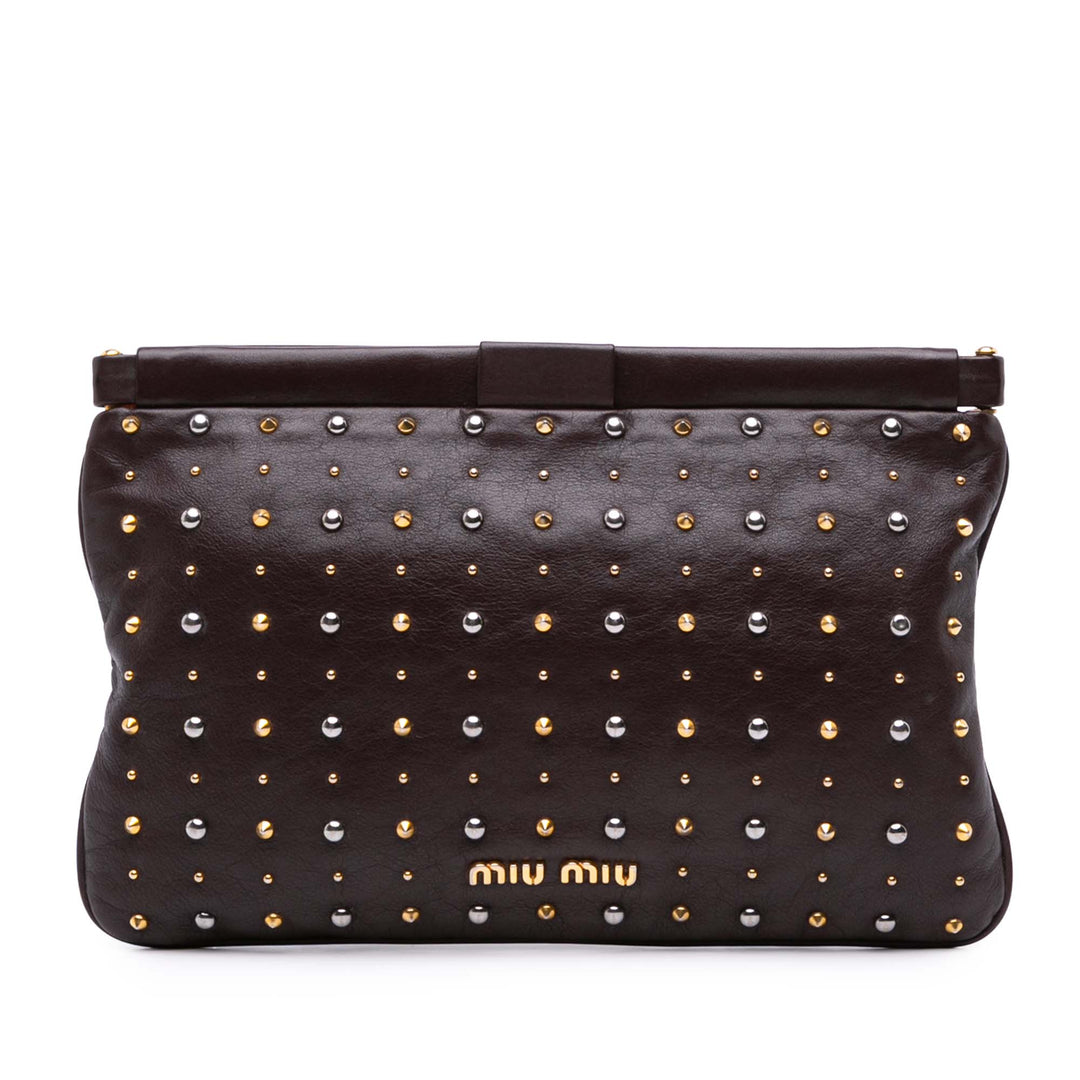 Leather Studded Frame Clutch Brown - Gaby Paris