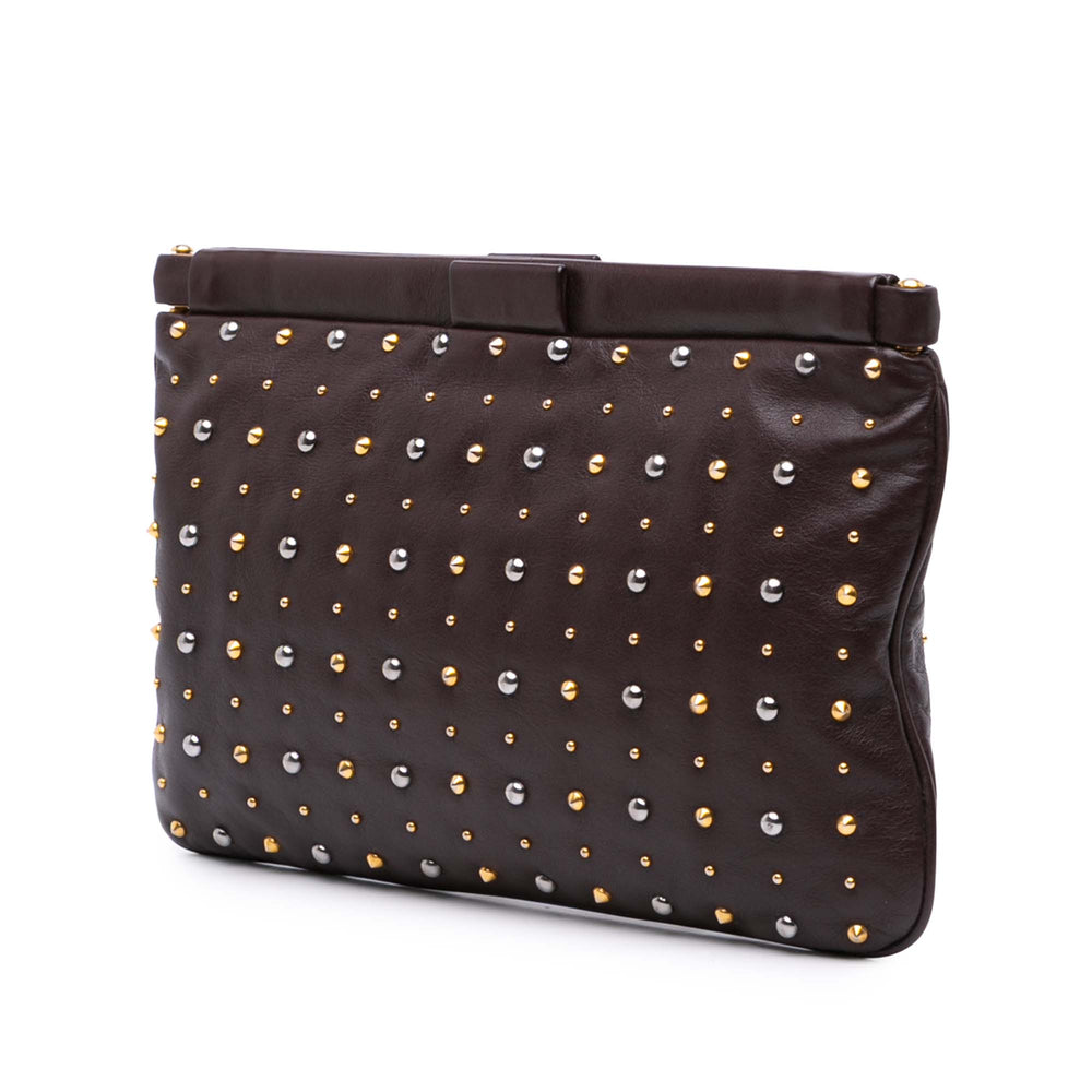 Leather Studded Frame Clutch Brown - Gaby Paris
