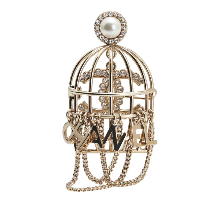 CC Gold Plated Faux Pearl and Rhinestones Logo Birdcage Brooch Gold - Gaby Paris