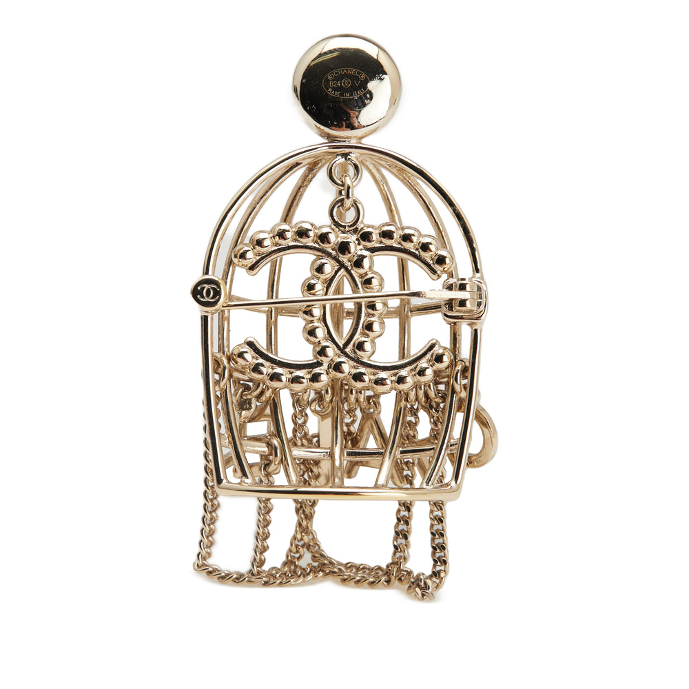 CC Gold Plated Faux Pearl and Rhinestones Logo Birdcage Brooch Gold - Gaby Paris