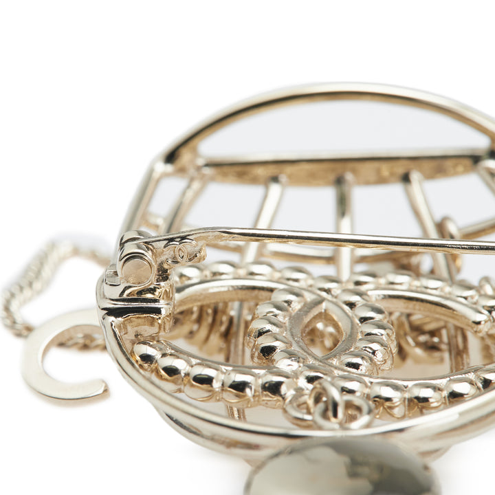 CC Gold Plated Faux Pearl and Rhinestones Logo Birdcage Brooch Gold - Gaby Paris