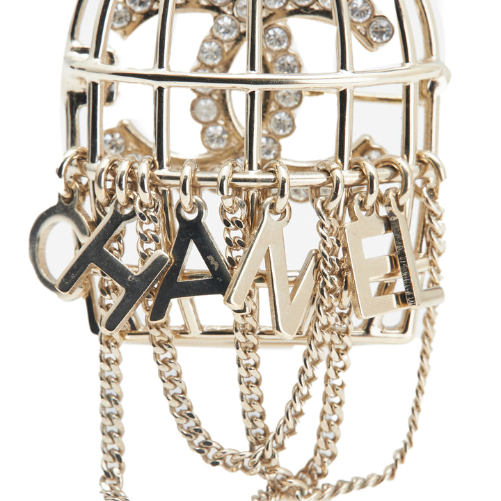 CC Gold Plated Faux Pearl and Rhinestones Logo Birdcage Brooch Gold - Gaby Paris