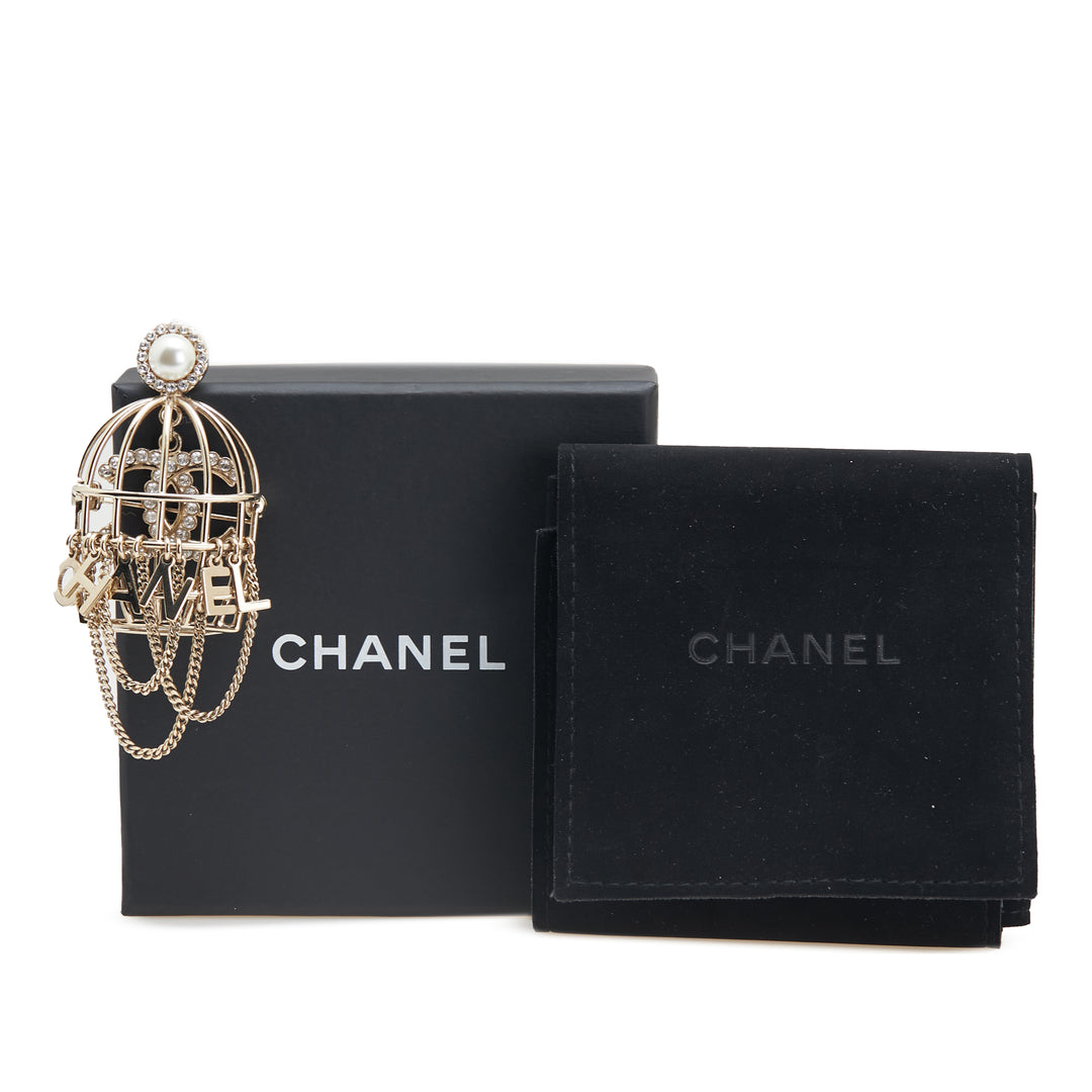 CC Gold Plated Faux Pearl and Rhinestones Logo Birdcage Brooch Gold - Gaby Paris