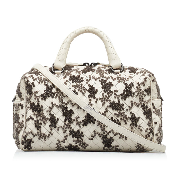 In Mist Intrecciato Flocked Velvet Bouquet Duffel Bag White - Gaby Paris