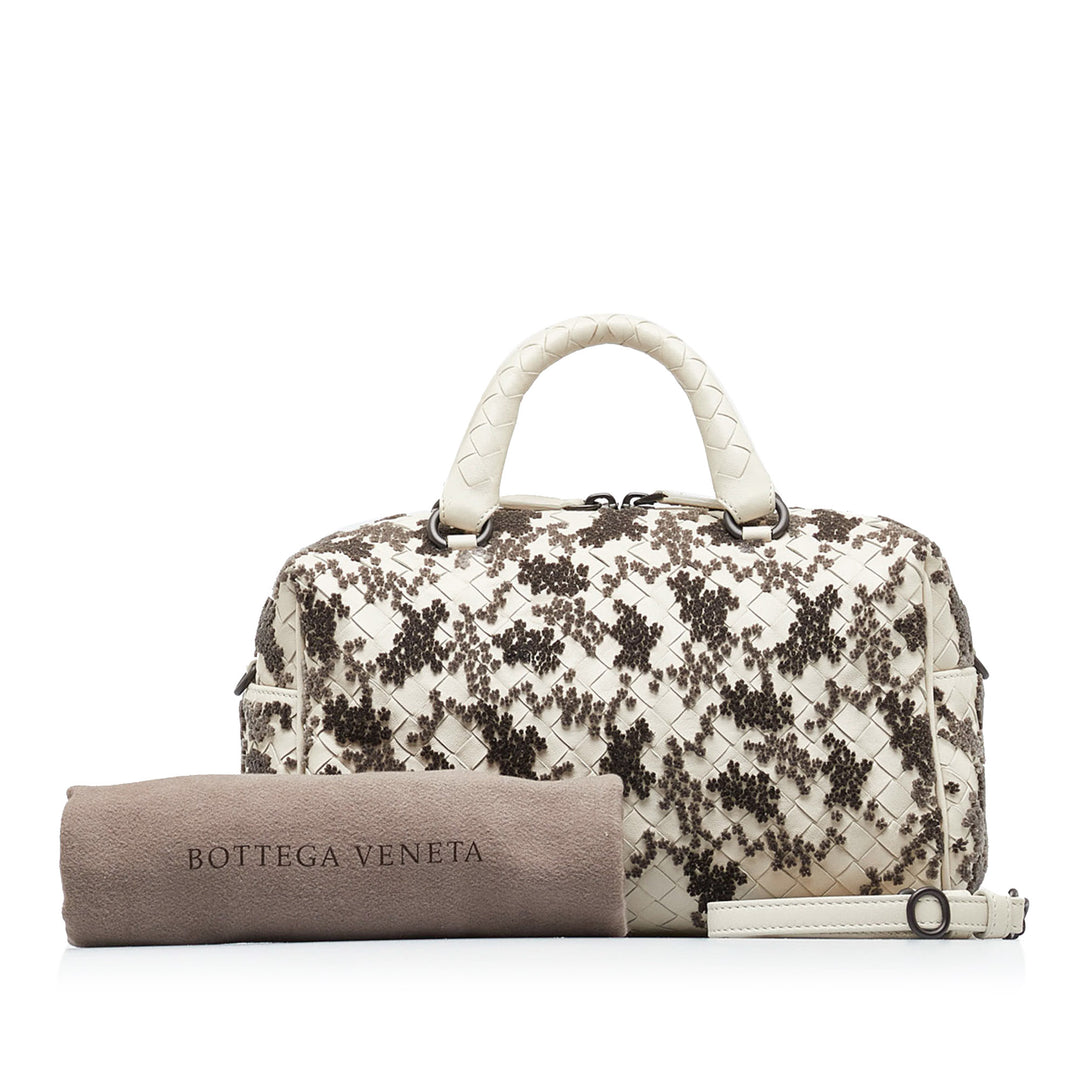 In Mist Intrecciato Flocked Velvet Bouquet Duffel Bag White - Gaby Paris