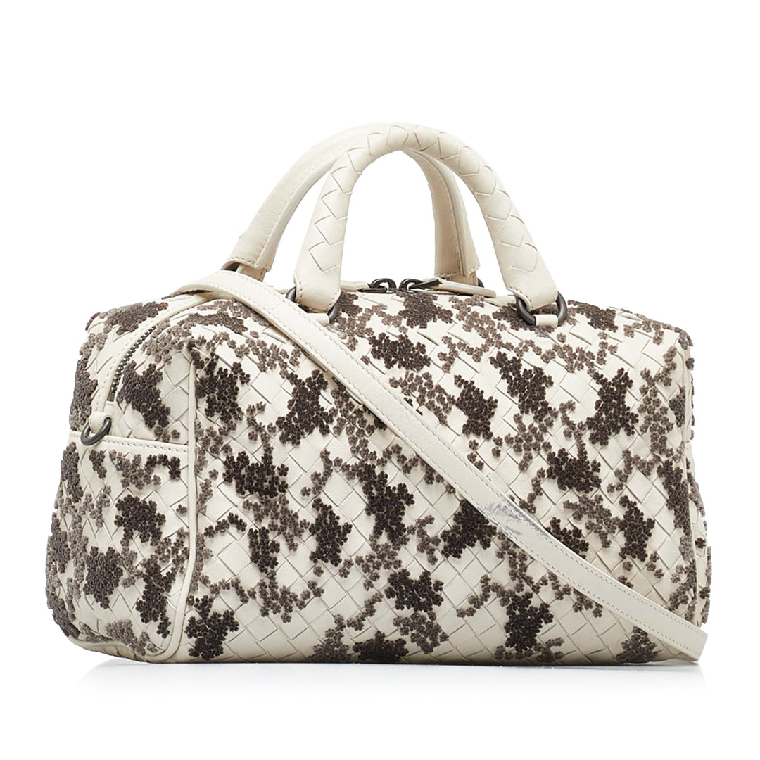 In Mist Intrecciato Flocked Velvet Bouquet Duffel Bag White - Gaby Paris