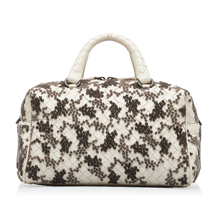 In Mist Intrecciato Flocked Velvet Bouquet Duffel Bag White - Gaby Paris