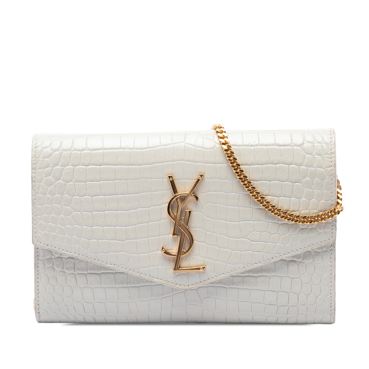 Saint Laurent Croc embossé Uptown Chaîne Portefeuille Blanc – vue principale – GABY PARIS