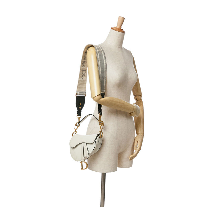 Dior Mini Grained Calfskin Saddle Bag White - GABY PARIS