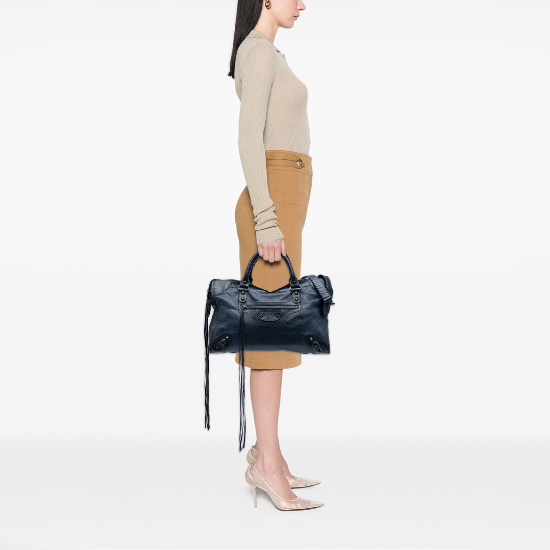 Balenciaga Cuir d’agneau Motocross Classic City Sac cartable Bleu