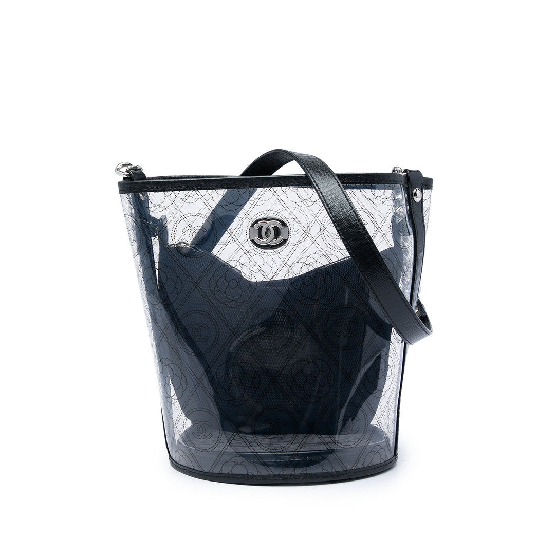 PVC et Froissé Camellia Coco Sac seau Moyen Cuir de veau Noir