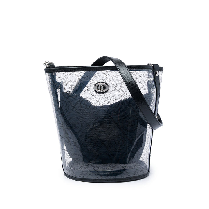 PVC et Froissé Camellia Coco Sac seau Moyen Cuir de veau Noir