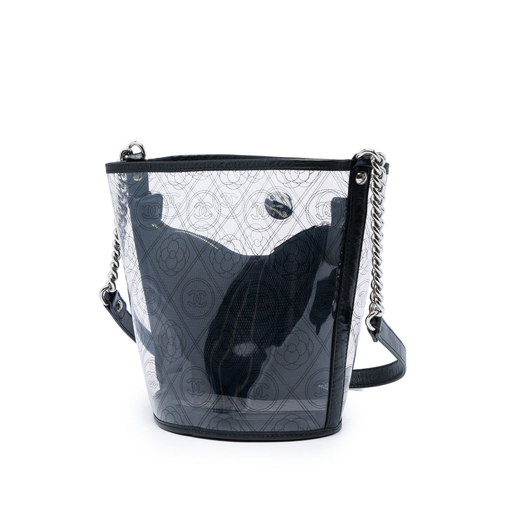 PVC et Froissé Camellia Coco Sac seau Moyen Cuir de veau Noir