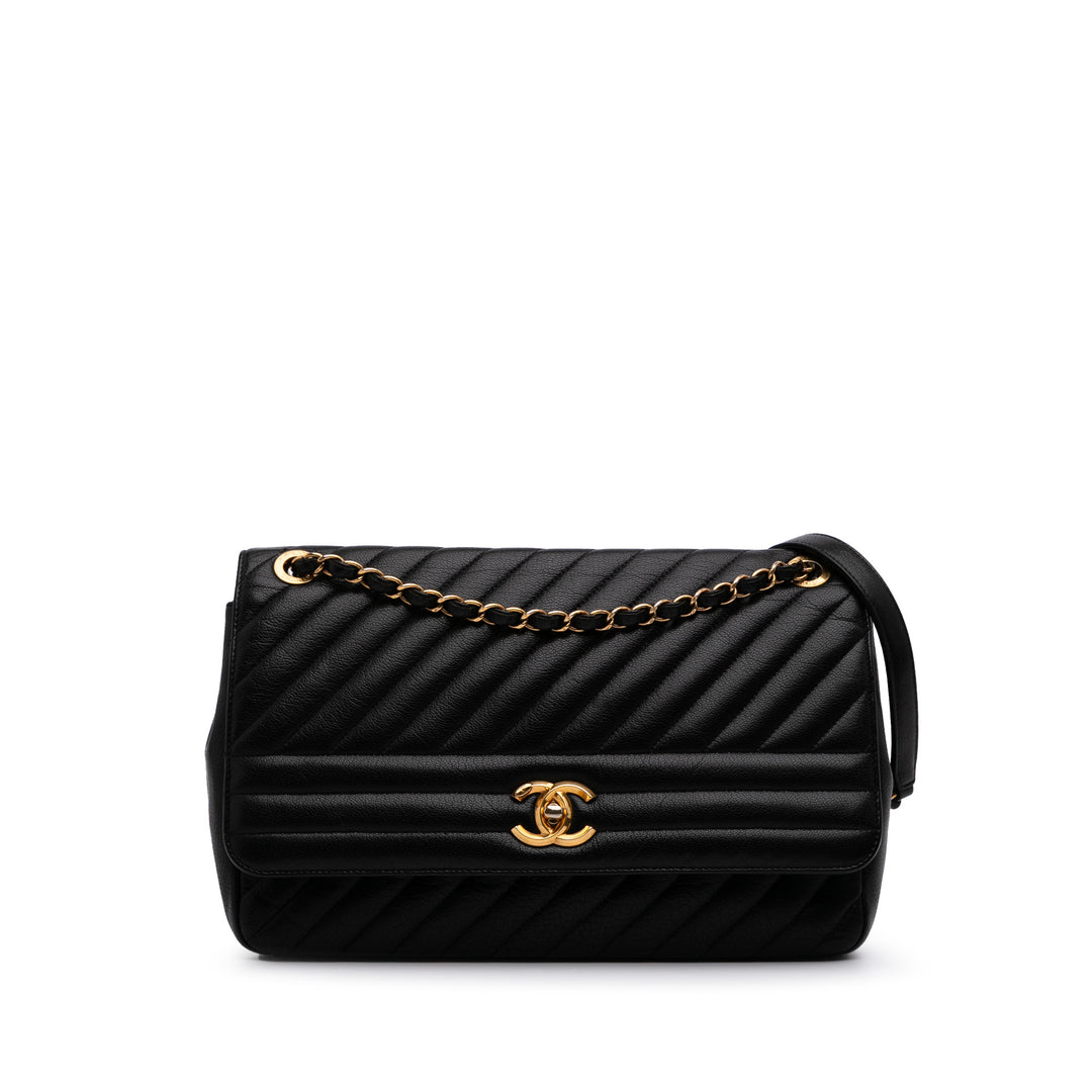 Large Diagonal Quilted Goatskin Flap Black - Gaby Paris